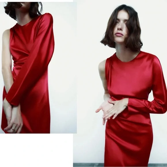 Zara red satin effect one sleeve asymetrical mini dress Sz L NWT - Picture 2 of 16